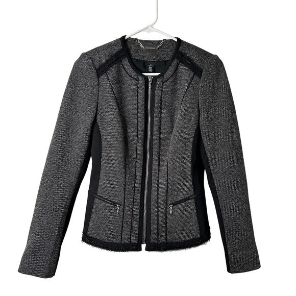 White House Black Market Tweed Knit Jacket Women’s 2 Gray Black Zip Front - Picture 2 of 10
